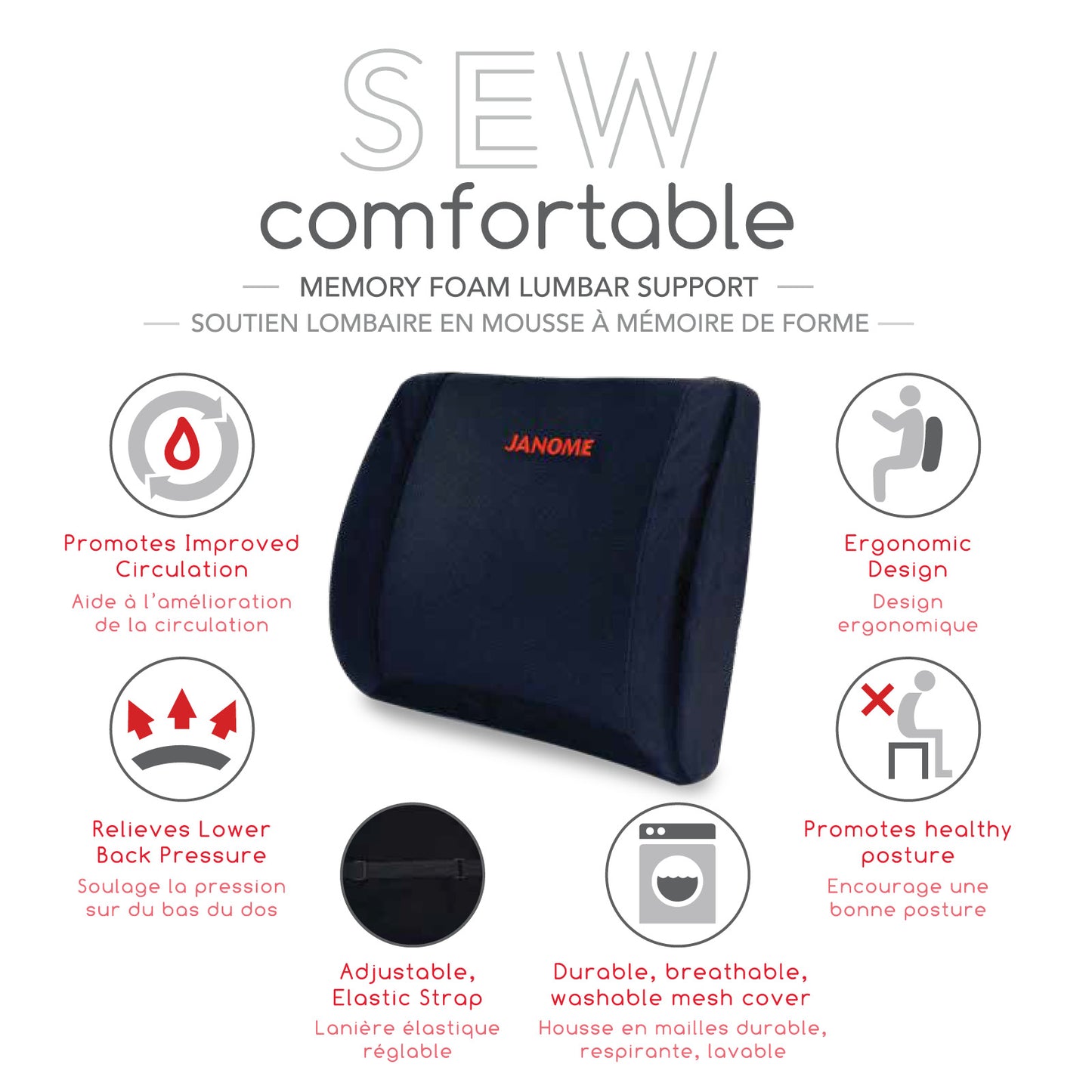 Janome Sew Comfortable Lumbar Pillow – Memory Foam Support for Sewing Chairs & Desks