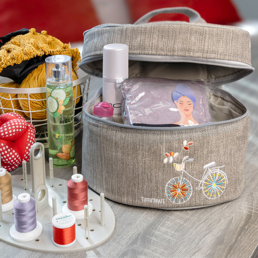 Mini Carry Case with Thread Carrier Trays – Heathered Grey with Embroidered Bicycle Design